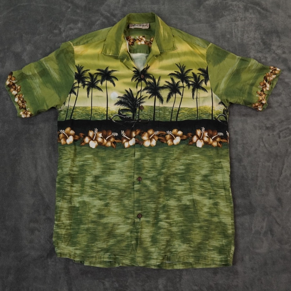 VTG Blue Hawaii Shirt Mens L Green Outrigger Hawaiian Sunset Palm Trees Floral‎